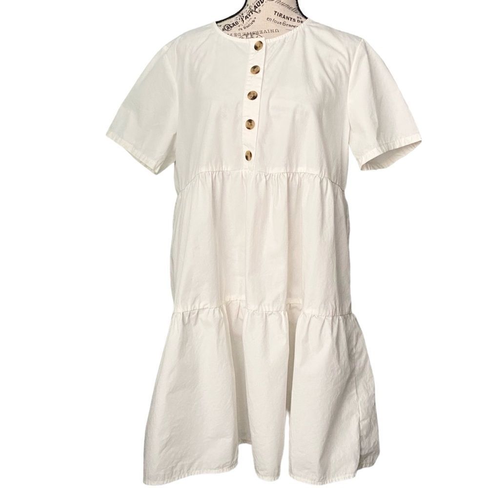Madewell Button-Front Short Sleeve Tiered Mini Dress in Size Large in Lighthouse - Picture 6 of 12